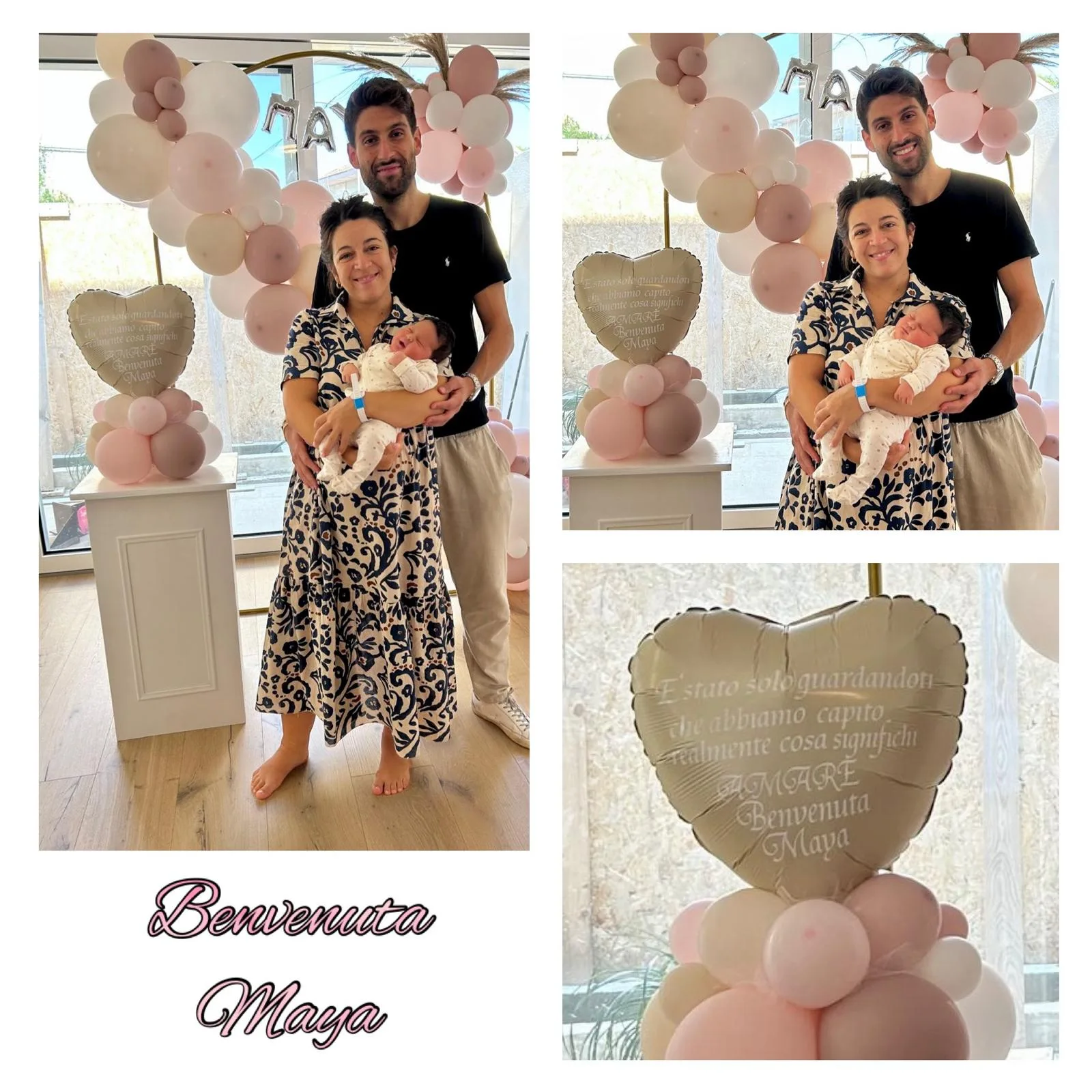 Mamma e papà con la neonata davanti all'arco di palloncini rosa e tortora con il nome Maya in lettere mylar e il cuore stampato Benvenuta Maya