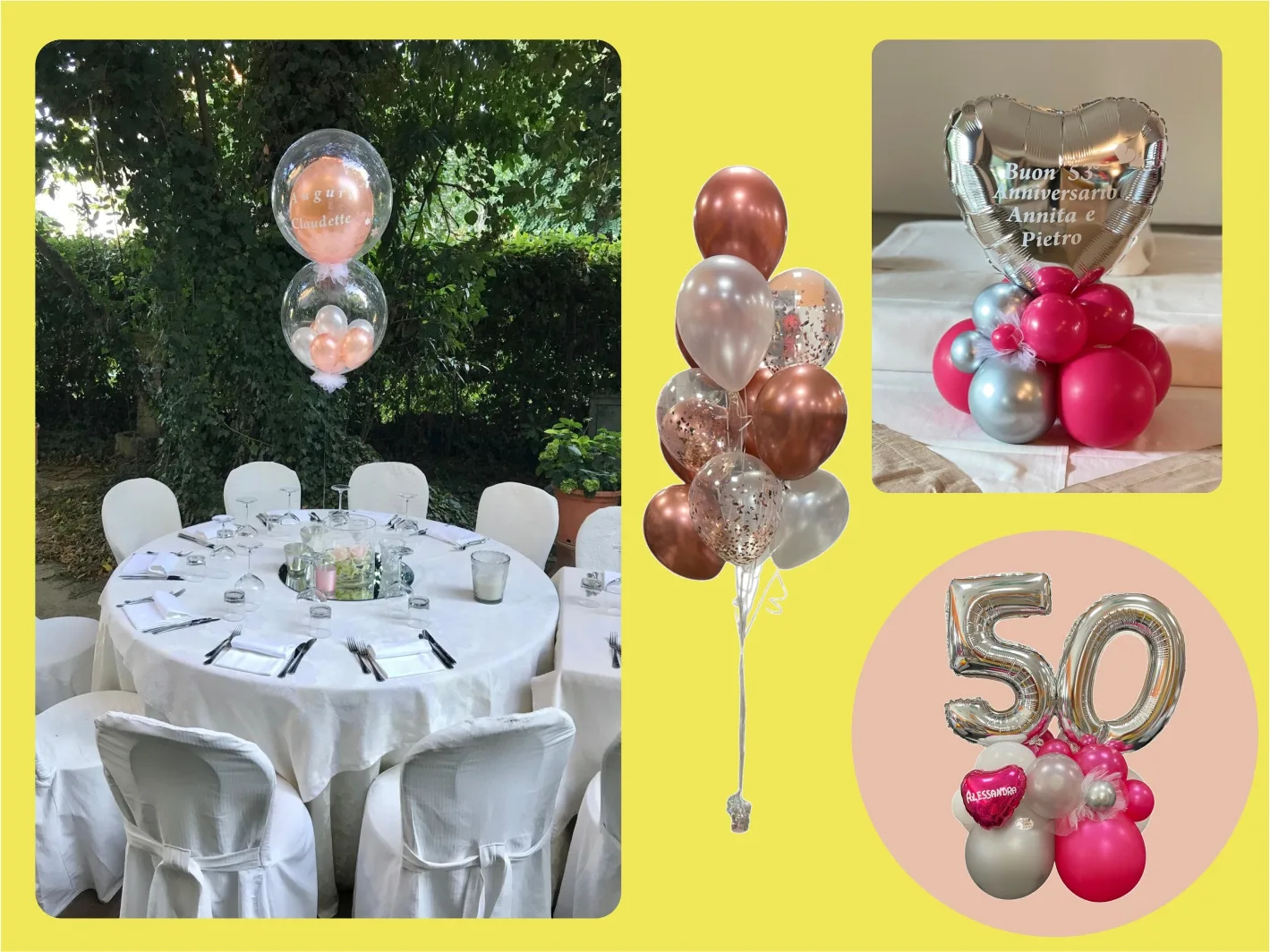 Composizioni di palloncini per compleanni e anniversari: bubble personalizzato sul tavolo, bouquet rosa gold, cuore argento con dedica e numero 50