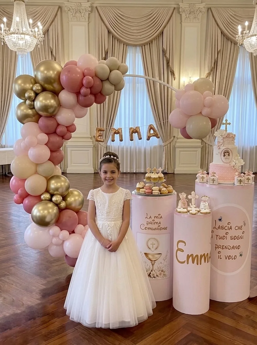 Bambina in abito bianco davanti a un arco di palloncini rosa, cipria e oro con le lettere mylar del nome Emma