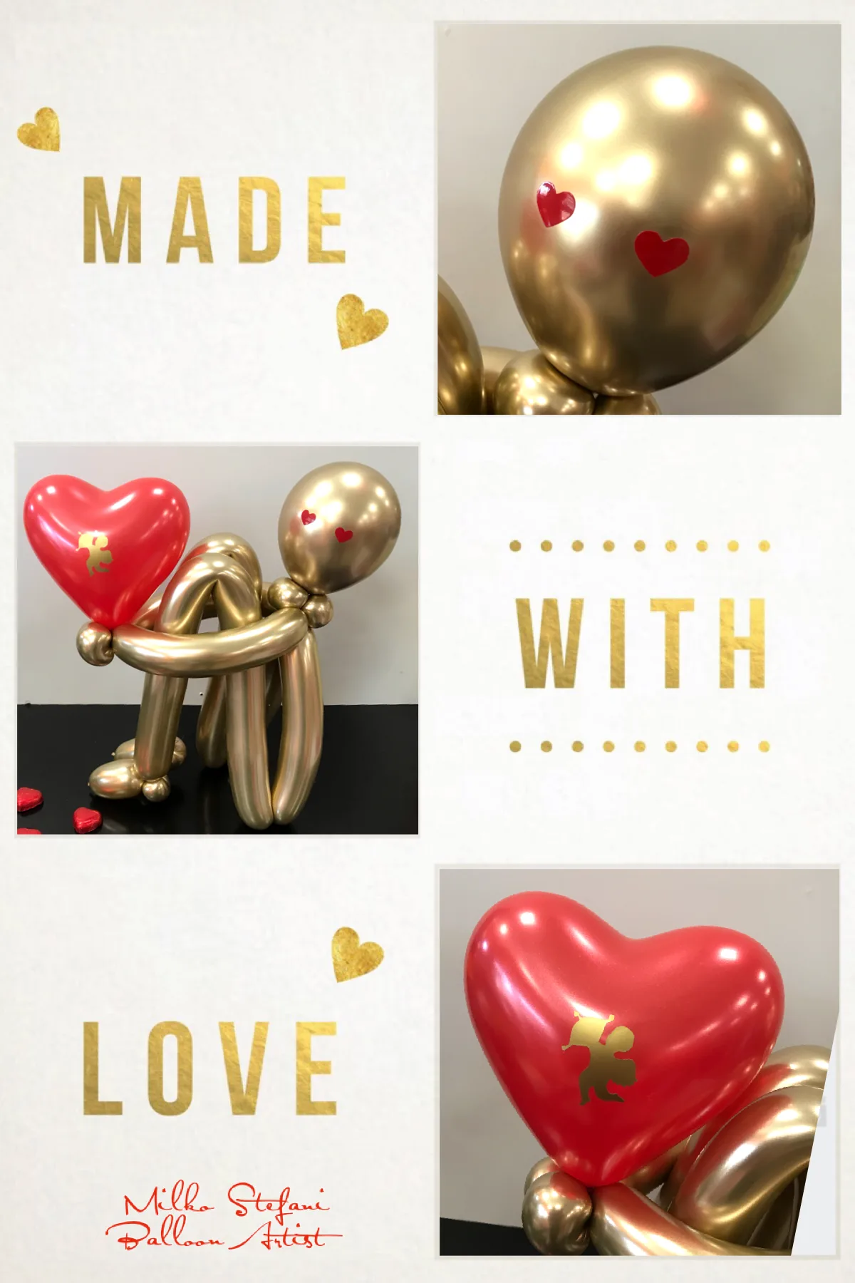 Collage con la scritta Made with love: un omino di palloncini oro che abbraccia un cuore rosso con un cupido dorato, con dettagli della testa e del cuore