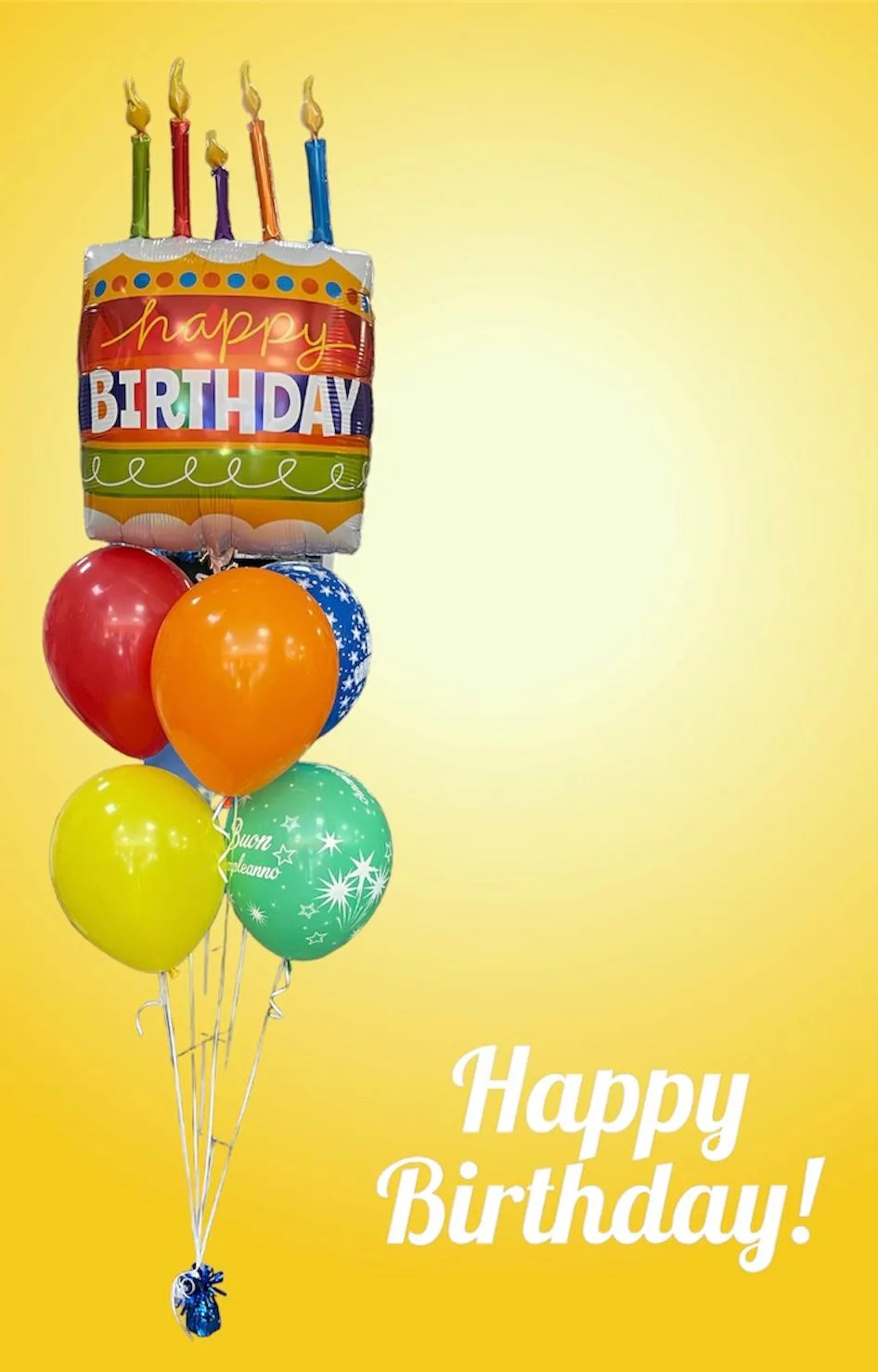 Bouquet di palloncini Happy Birthday con palloncino a forma di torta con le candeline e palloncini rossi, arancioni, gialli, blu e verdi
